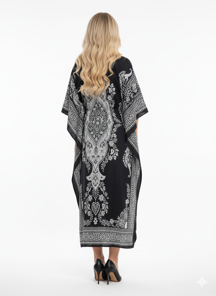 Monochrome Black & White Paisley Kaftan | Polyester Abaya Maxi Dress | Jalabiya