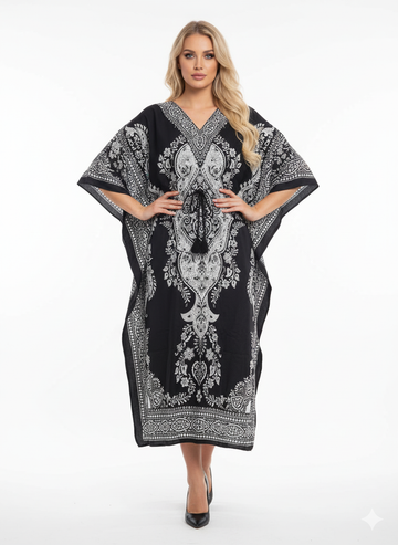 Monochrome Black & White Paisley Kaftan | Polyester Abaya Maxi Dress | Jalabiya