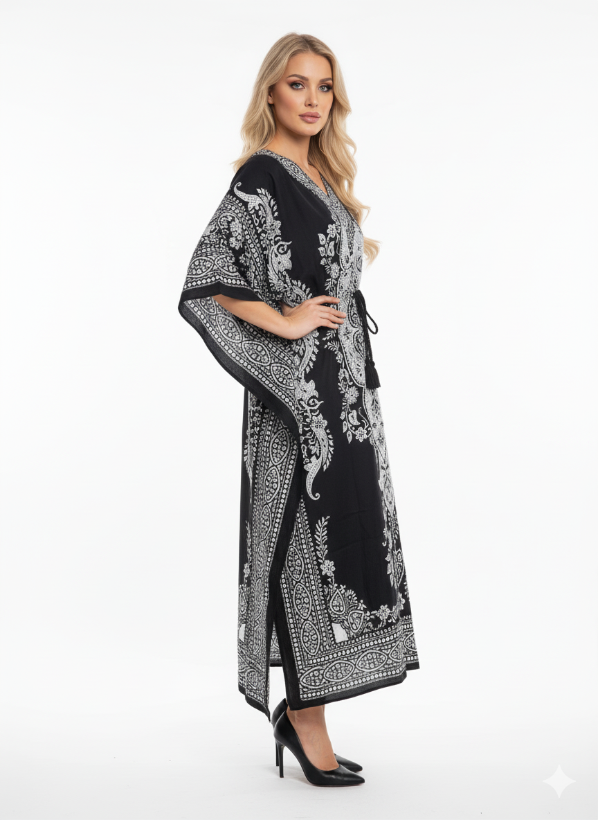 Stunning Black & White Paisley Kaftan | Polyester Abaya Maxi Dress | Jalabiya