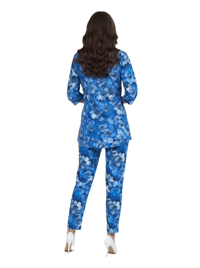 Blue Floral Print Kurti & Pant Co-ord Set | Modest Elegant Wear