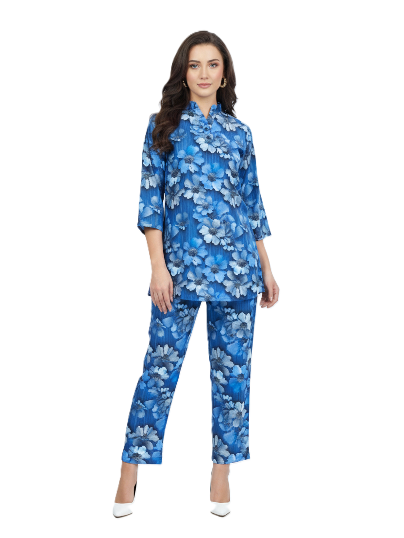 Blue Floral Print Kurti & Pant Co-ord Set | Modest Elegant Wear