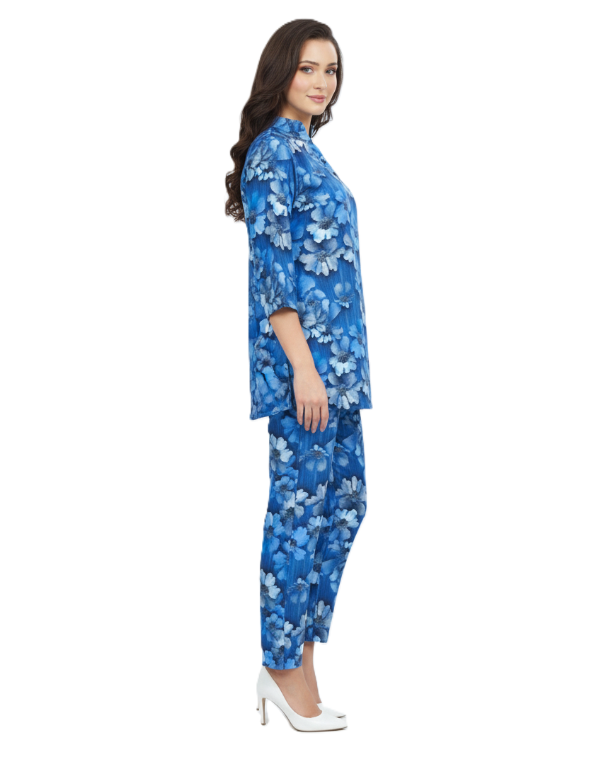 Blue Floral Print Kurti & Pant Co-ord Set | Modest Elegant Wear