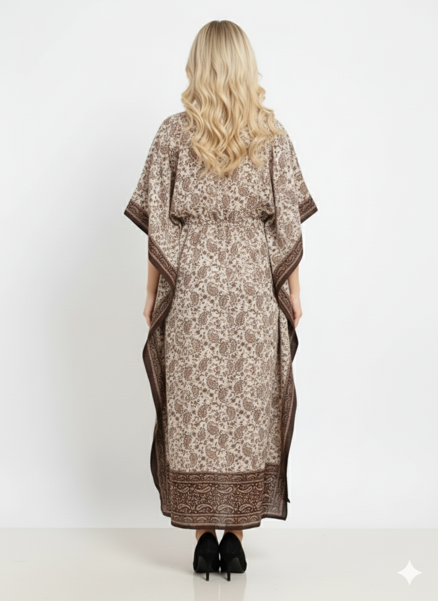 Brown Border Paisley Kaftan | Modest Polyester Abaya Maxi Dress | Jalabiya