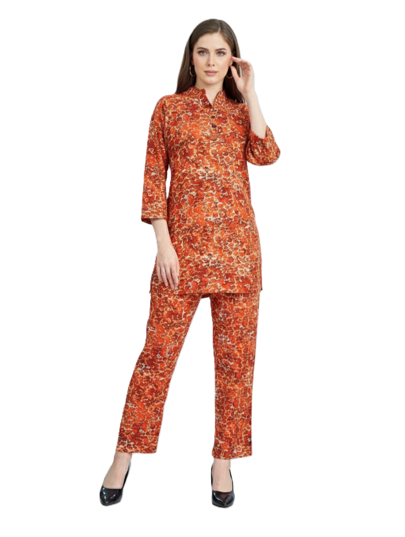 Orange Red Abstract Kurti & Pant Co-ord Set | Rayon Modest Wear