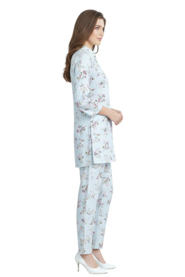 Light Blue Floral Kurti & Pant Set | Rayon Co-ord Set | Modest Fashion