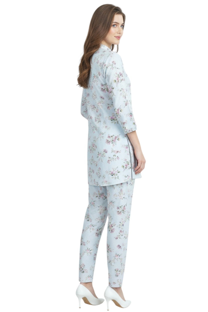 Light Blue Floral Kurti & Pant Set | Rayon Co-ord Set | Modest Fashion