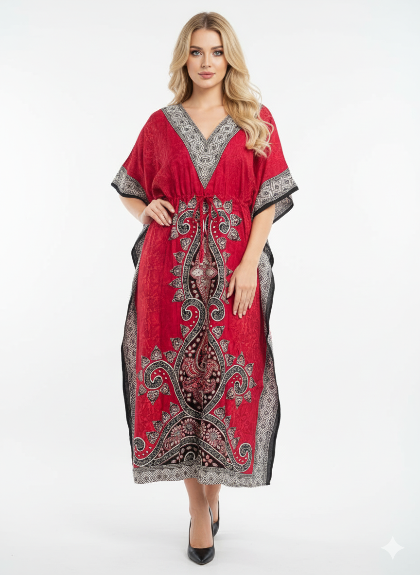 Gorgeous Red Paisley Kaftan | Polyester Abaya Maxi Dress | Jalabiya