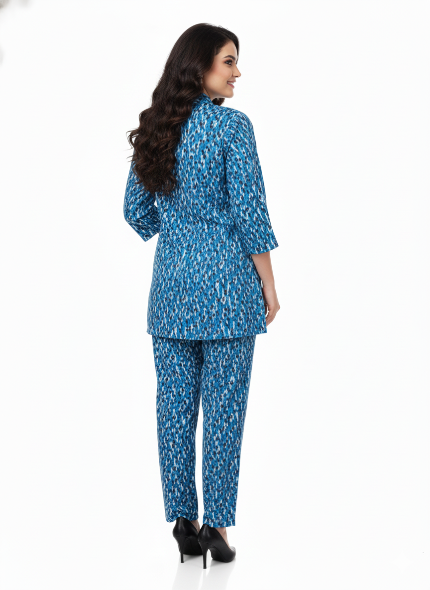 Indigo Ikat Printed Kurti Co-ord Set | Rizqé by Zadine Modern Tunic & Trousers | Imported Chiffon