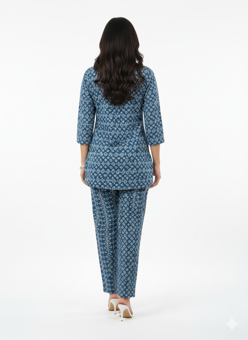 Indigo Tapestry Printed Kurti Co-ord Set | Rizqé by Zadine Elegant Tunic & Trousers