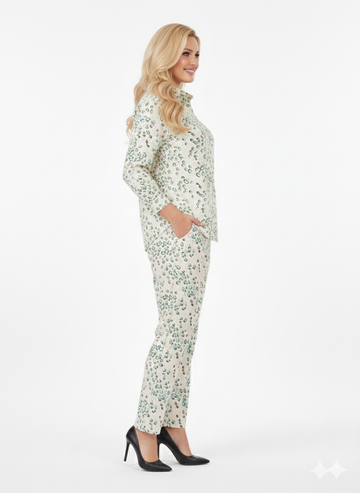 Kiwi Spot Co-ord Set | Rizqé Cream Green Leopard Chiffon Feel Shirt and Trousers