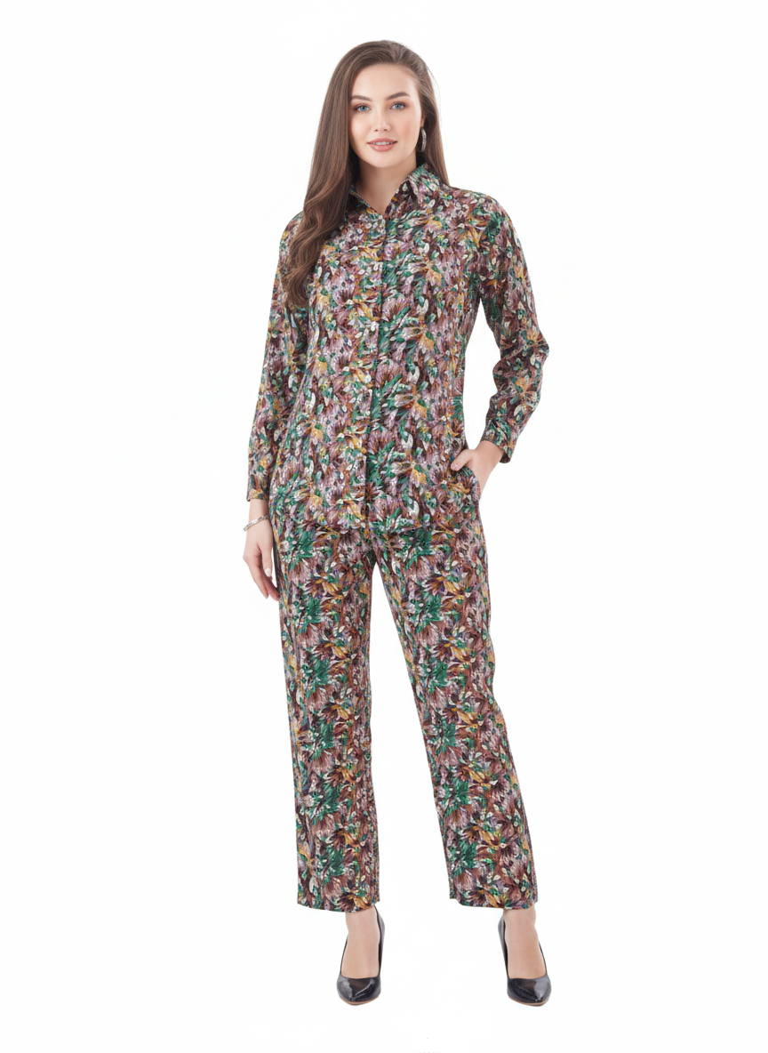 Tropical Earth Co-ord Set | Rizqé Brown Floral Print Chiffon Feel Shirt and Trousers