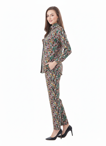 Tropical Earth Co-ord Set | Rizqé Brown Floral Print Chiffon Feel Shirt and Trousers