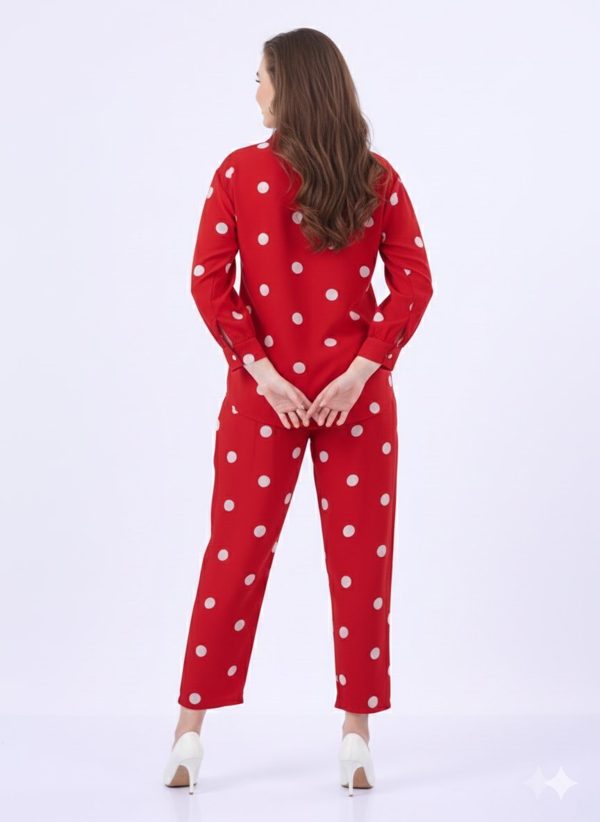 Retro Dot Co-ord Set | Rizqé Red Polka Dot Chiffon Feel Long Sleeve Shirt and Trousers
