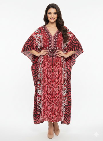 Rizqé Crimson Tiger-Eye Embroidered Kaftan | Beach Cover