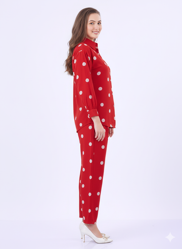 Retro Dot Co-ord Set | Rizqé Red Polka Dot Chiffon Feel Long Sleeve Shirt and Trousers