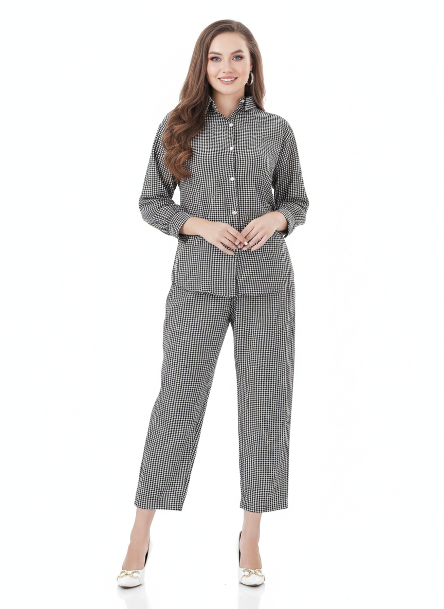 Monochrome Check Co-ord Set | Rizqé Black & White Houndstooth Chiffon Feel Shirt and Trousers
