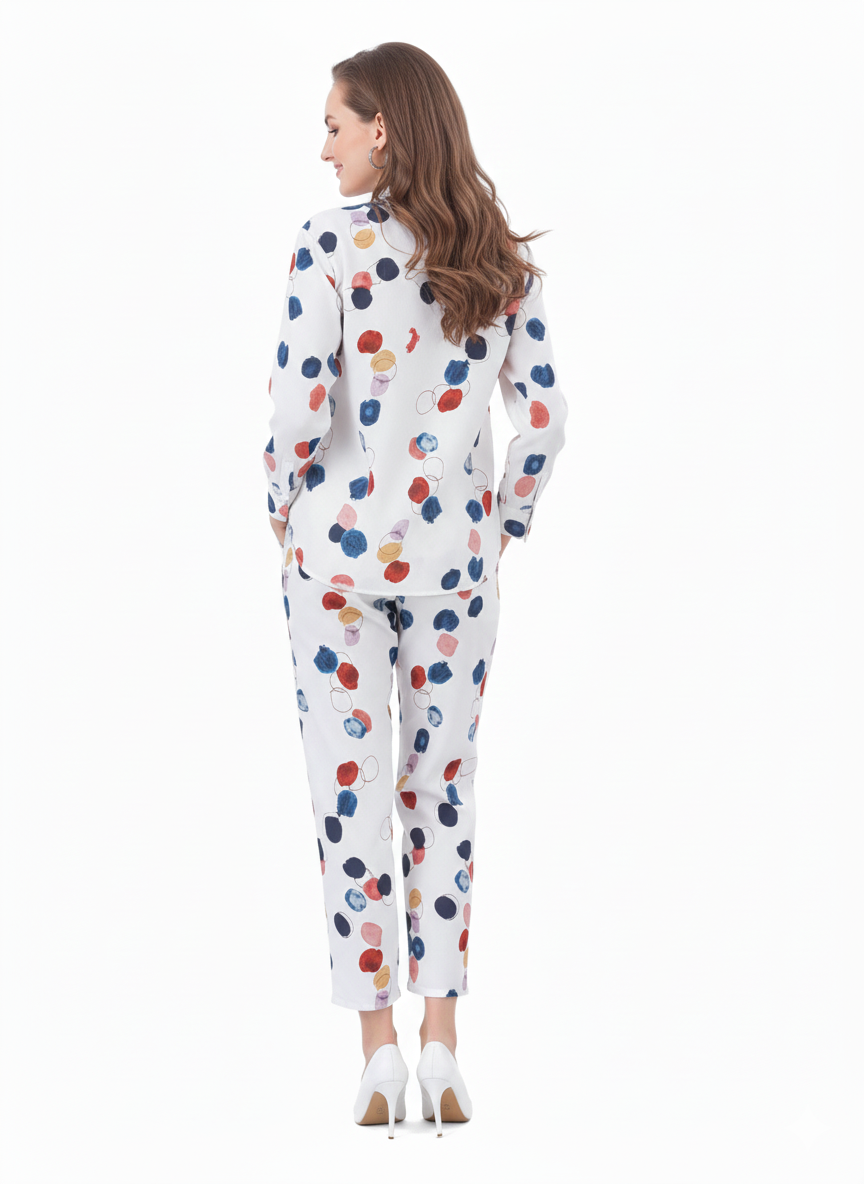 Confetti Abstract Co-ord Set  | Rizqé White Multicolored Dot Chiffon Feel Shirt and Trousers