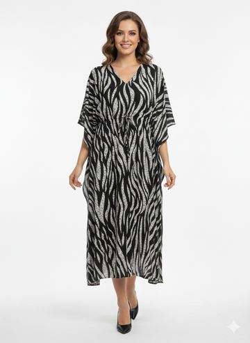 Rizqé Onyx & Frost Abstract Zebra Swirl Kaftan | Beach Wear
