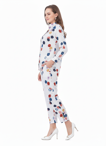 Confetti Abstract Co-ord Set  | Rizqé White Multicolored Dot Chiffon Feel Shirt and Trousers