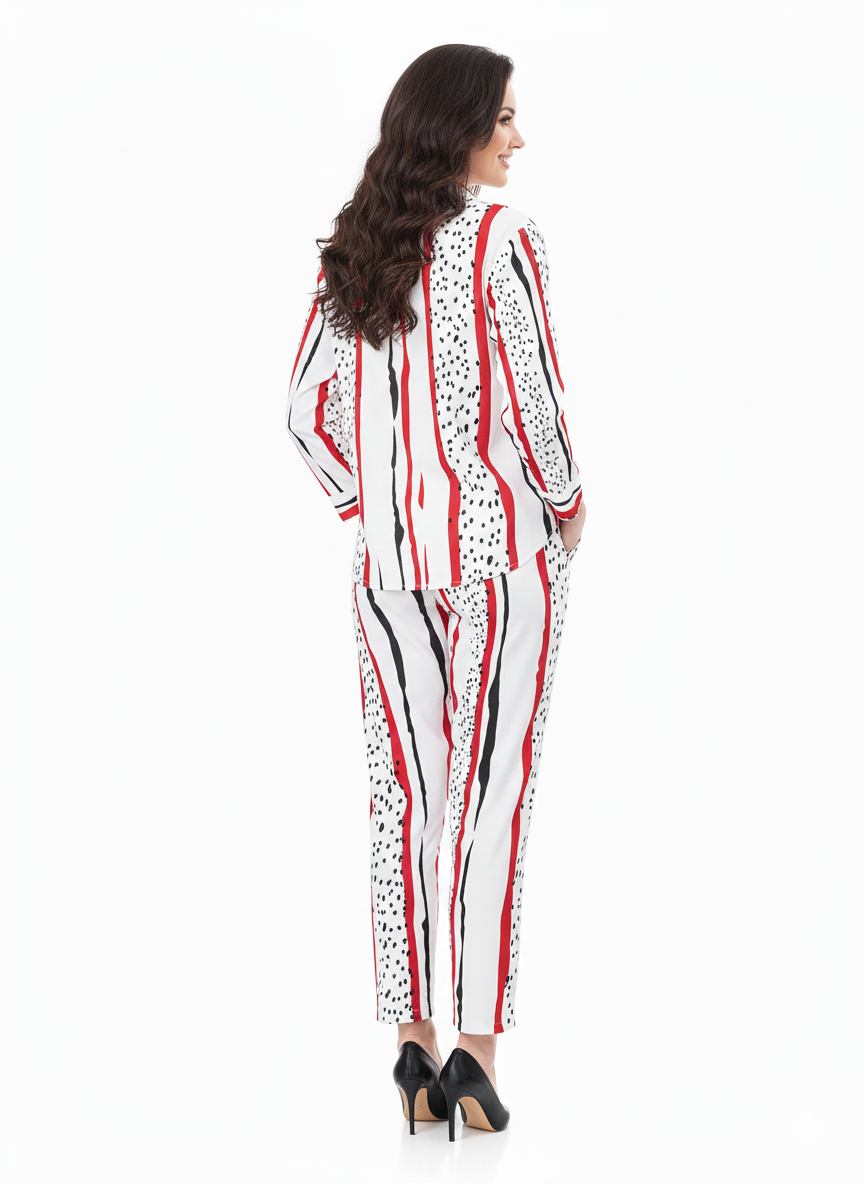 Art Stripe Co-ord Set | Rizqé White/Red Abstract Stripe Chiffon Feel Shirt and Trousers