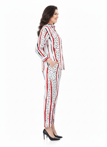 Art Stripe Co-ord Set | Rizqé White/Red Abstract Stripe Chiffon Feel Shirt and Trousers
