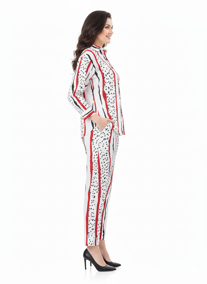 Art Stripe Co-ord Set | Rizqé White/Red Abstract Stripe Chiffon Feel Shirt and Trousers