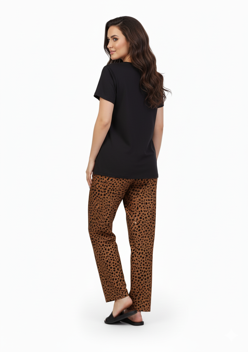 Black T-Shirt  Brown Speckle Dot Print Pajamas Set | Loungewear | Rayon Comfort Nightwear