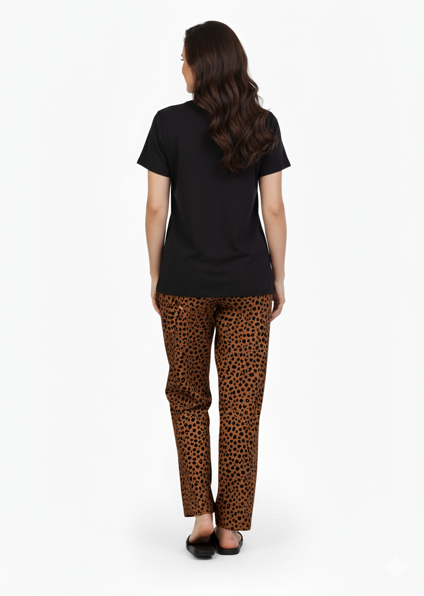 Black T-Shirt  Brown Speckle Dot Print Pajamas Set | Loungewear | Rayon Comfort Nightwear