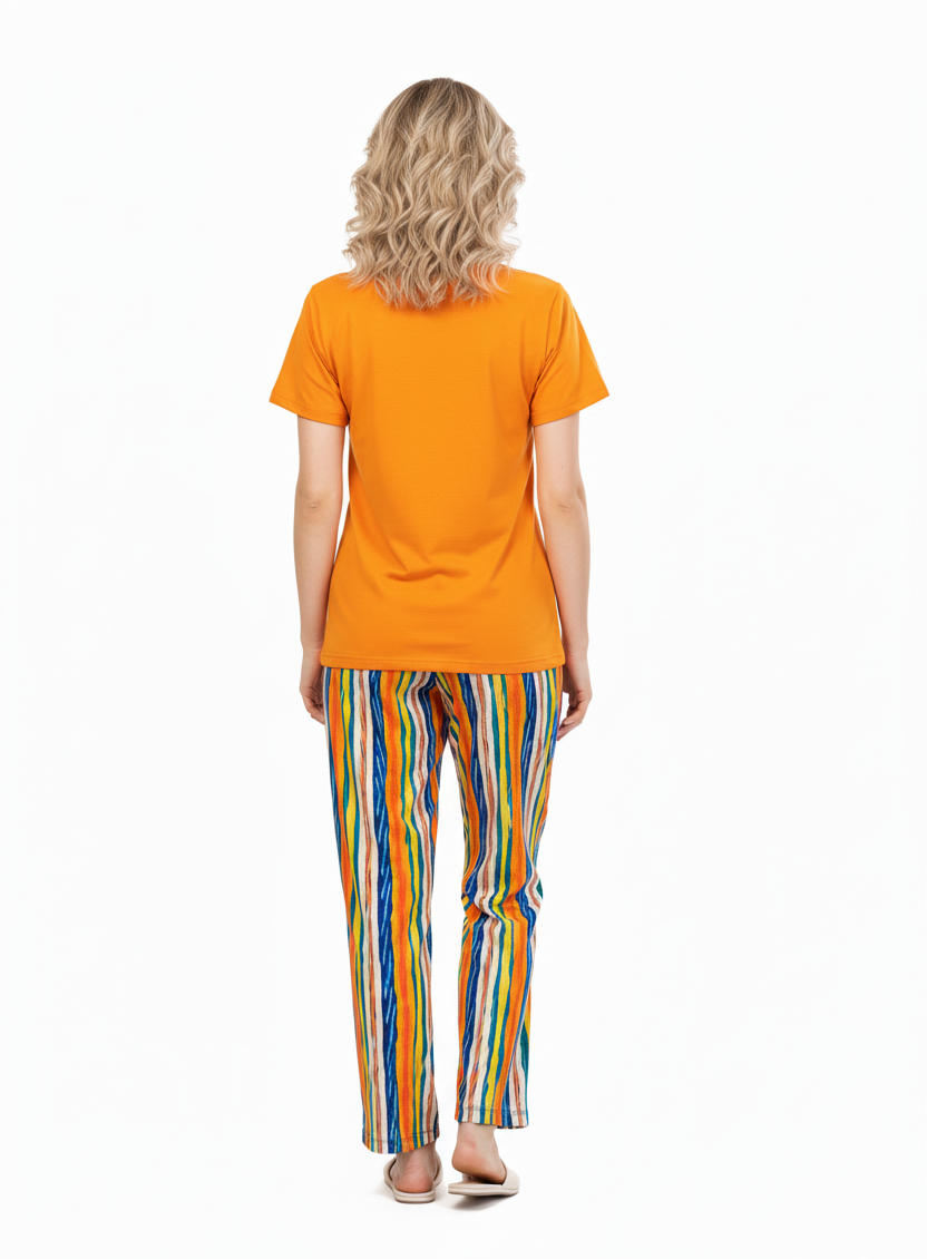 Orange T-Shirt Pajamas Set Abstract Striped Pants  | Rayon Loungewear & Nightwear
