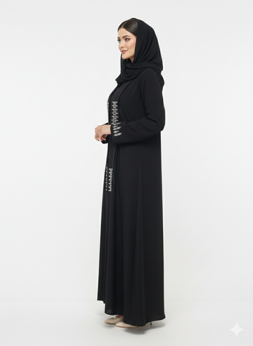 Rizqé Obsidian Frost Black Abaya with Silver Diamond Work