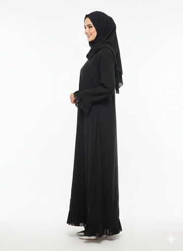 Rizqé Midnight Cascade Black Frilled & Diamond-Beaded Abaya