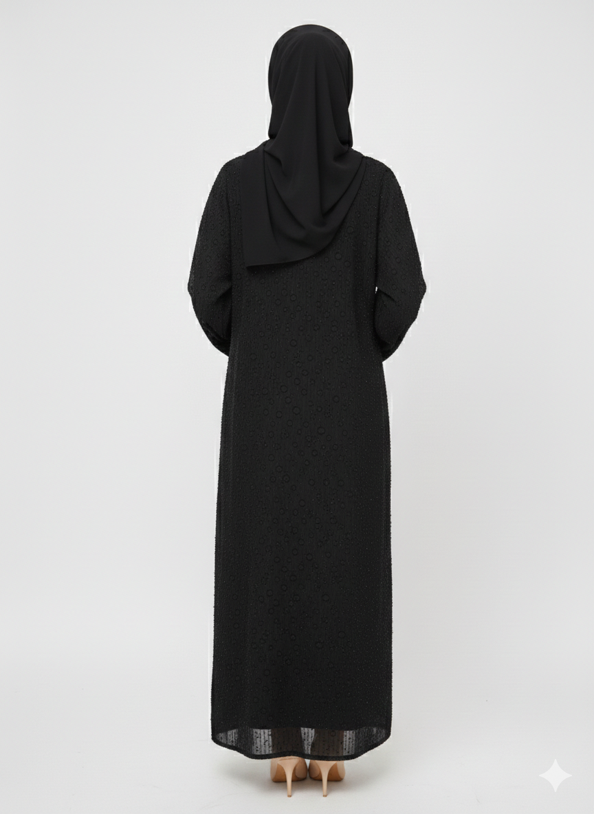 Rizqé Midnight Lotus Silver Side-Net Panel Embroidered Abaya