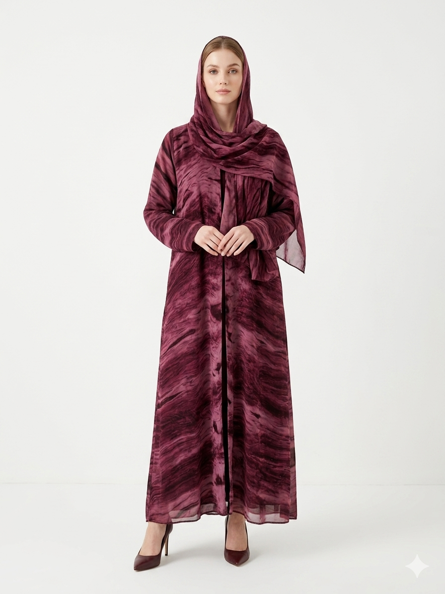 Rizqé Enchanting Wine Marble-Print Chiffon Modest Abaya