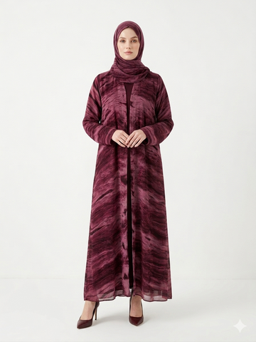 Rizqé Enchanting Wine Marble-Print Chiffon Modest Abaya