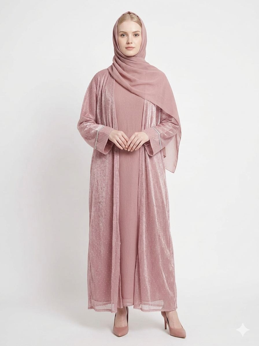 Rizqé Rose Dust Embellished Kimono Abaya | Elegant Pink Modest Wear