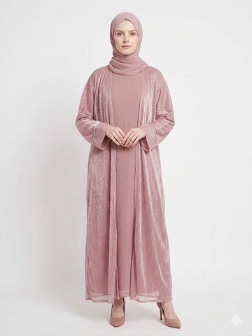 Rizqé Rose Dust Embellished Kimono Abaya | Elegant Pink Modest Wear