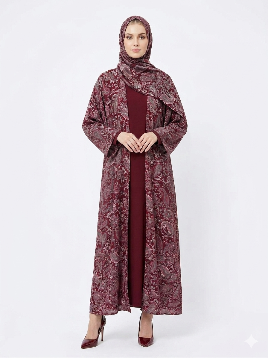 Rizqé Regal Bordeaux Paisley Pashmina Feel Kimono Abaya