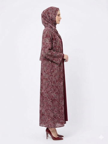 Rizqé Regal Bordeaux Paisley Pashmina Feel Kimono Abaya
