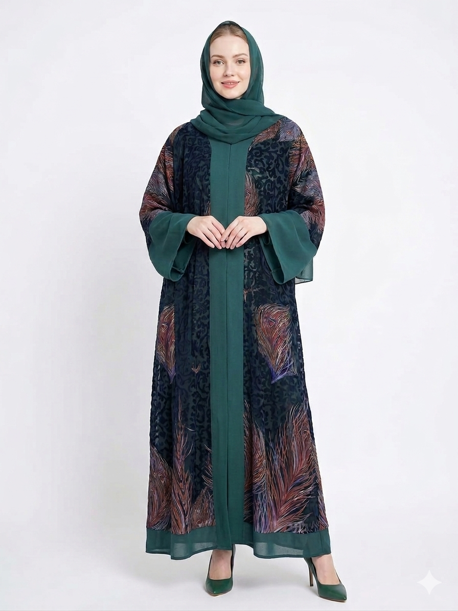 Rizqé Emerald Serenity Dark Green Sheer Chiffon Abaya