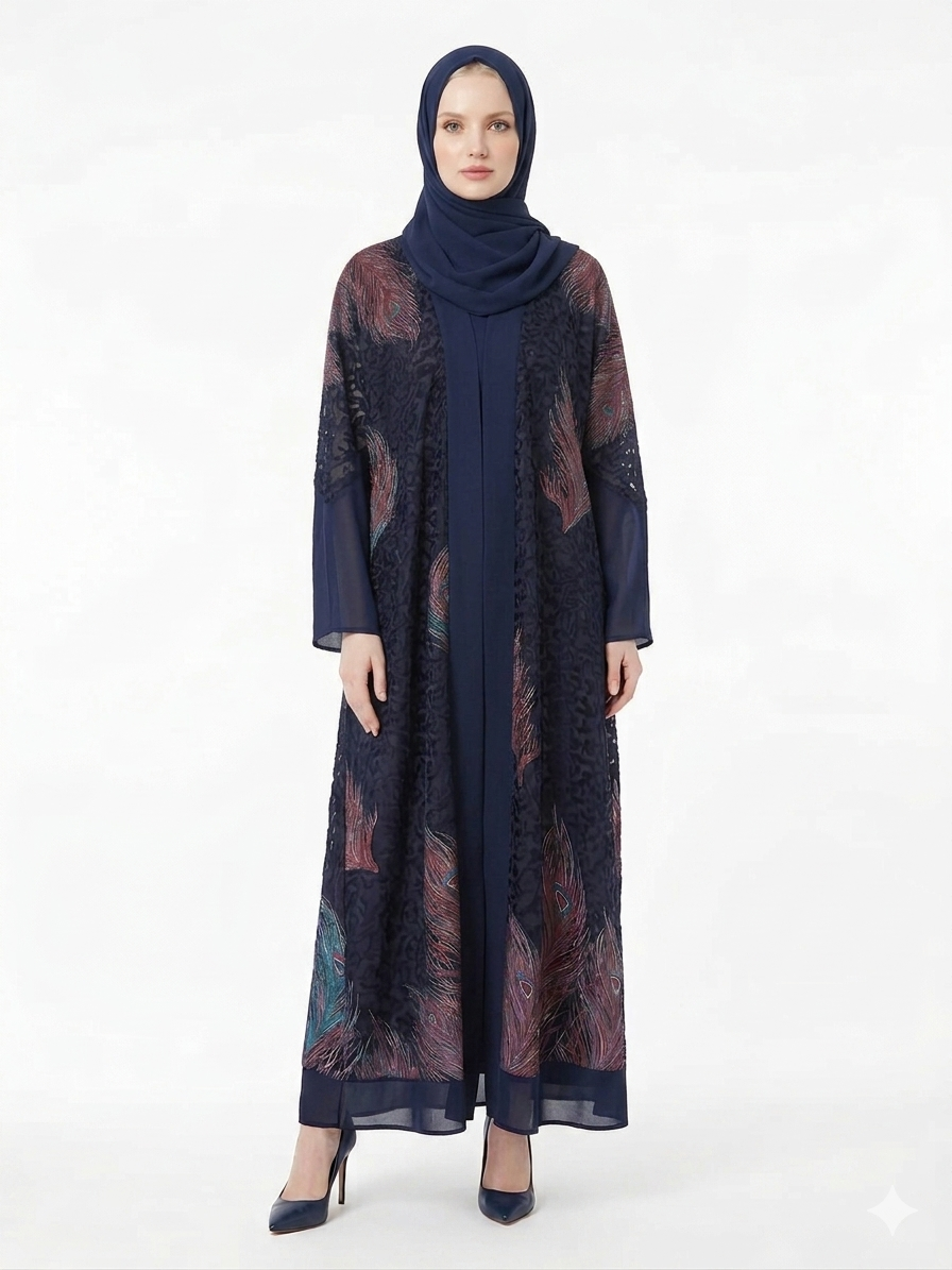 Rizqé Midnight Navy Sheer Chiffon Printed Abaya | Luxury Modest Wear