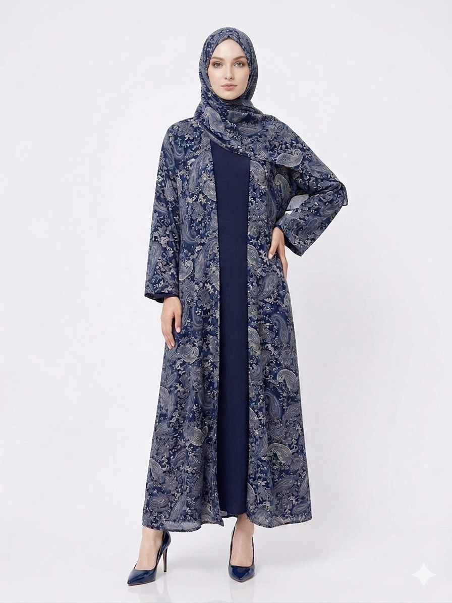 Rizqé Midnight Blue Paisley Pashmina-Feel Modest Kimono Abaya