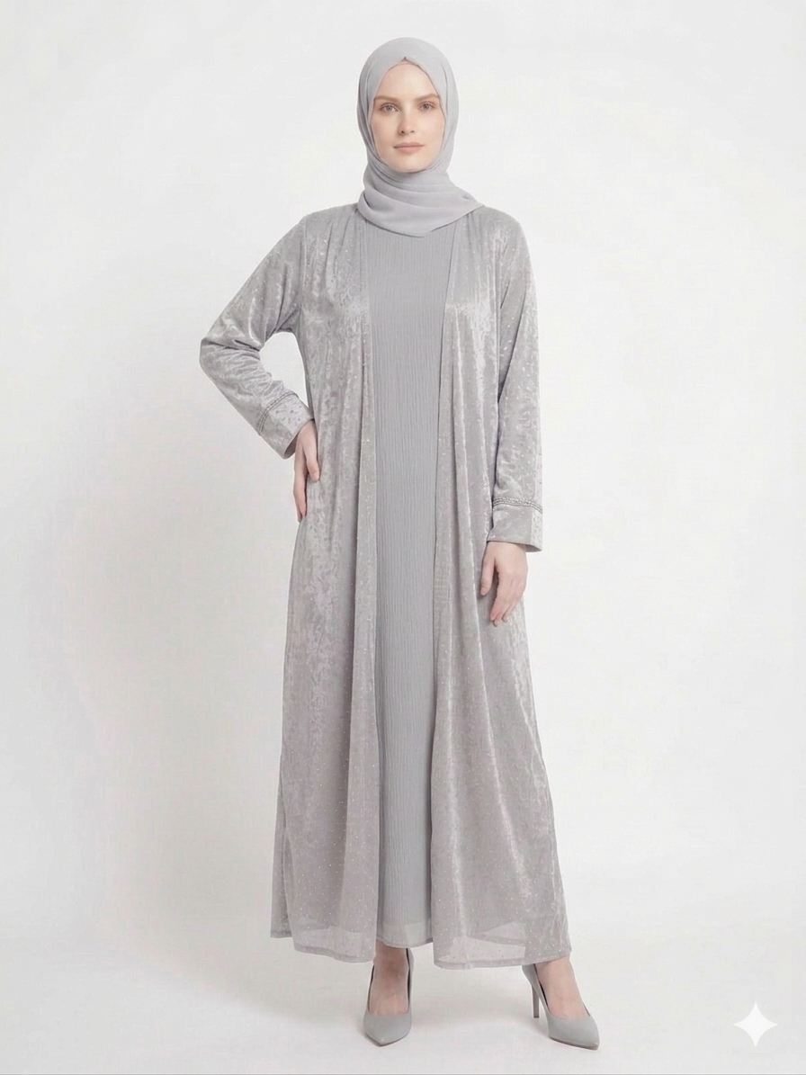 Rizqé Grey Mist Diamond Embellished Kimono Abaya | Elegant Sheer Modest Wear