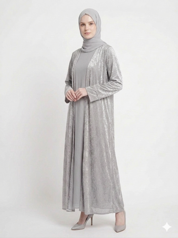 Rizqé Grey Mist Diamond Embellished Kimono Abaya | Elegant Sheer Modest Wear