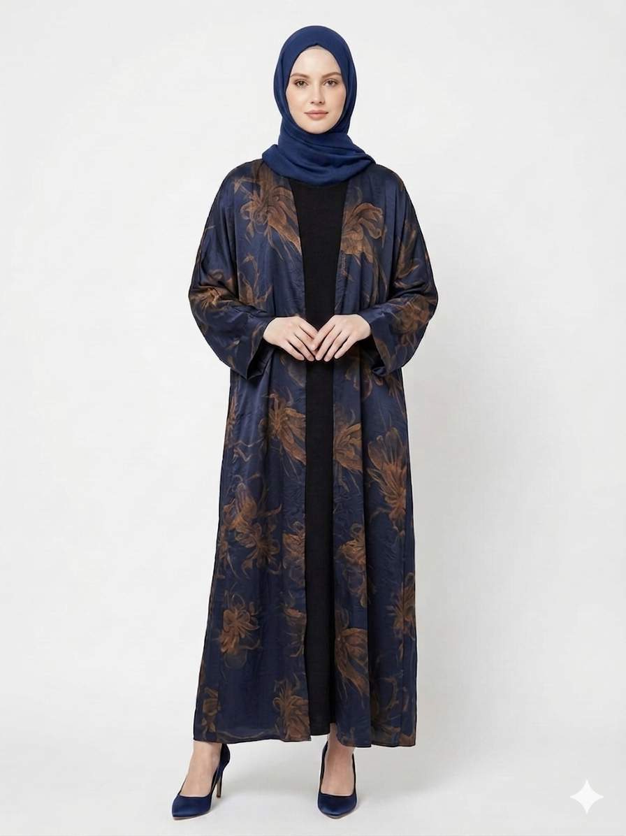 Rizqé Midnight Navy Gold Satin Kimono Abaya