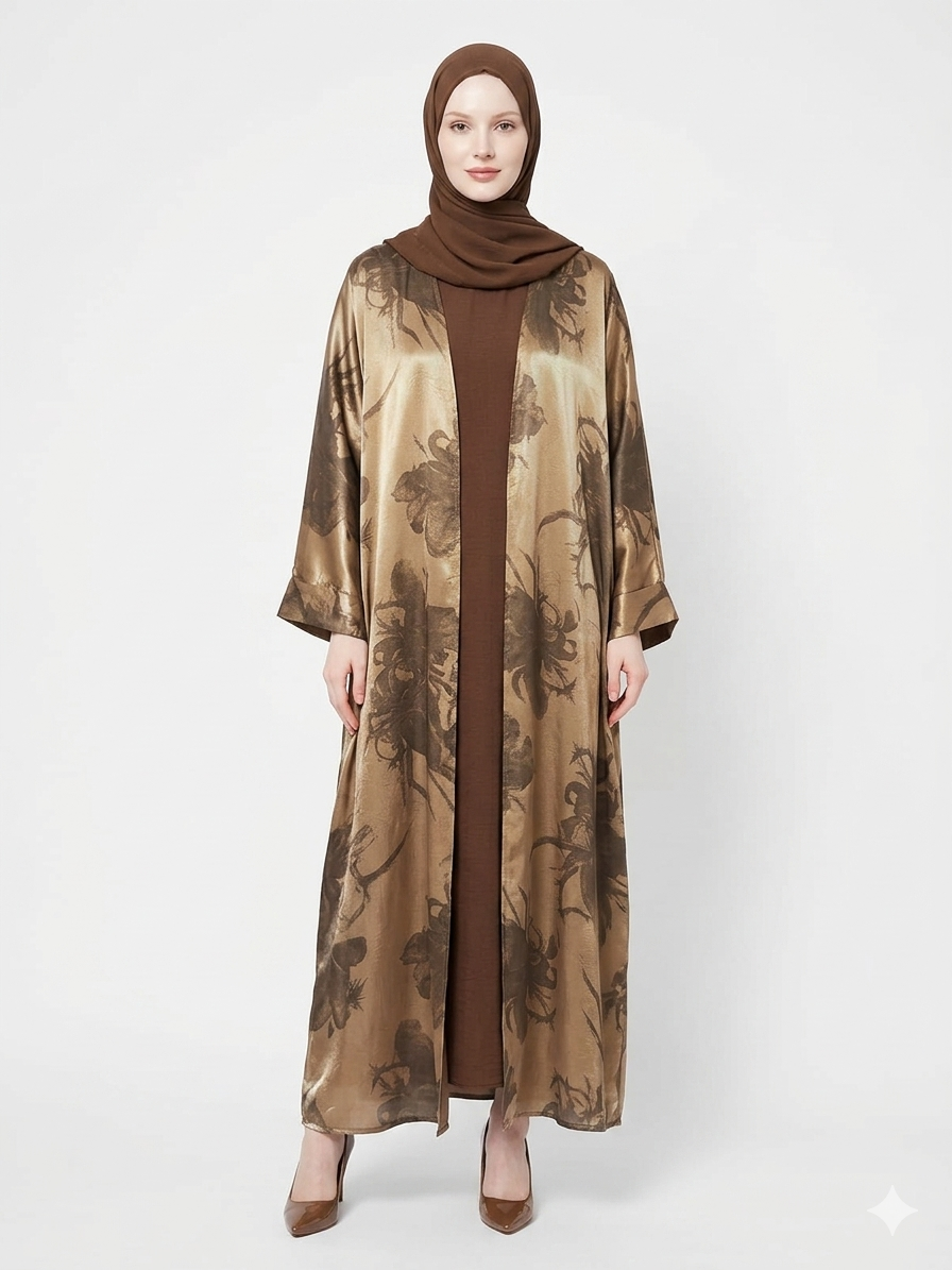 Rizqé Golden Bronze Satin Kimono Modest Abaya