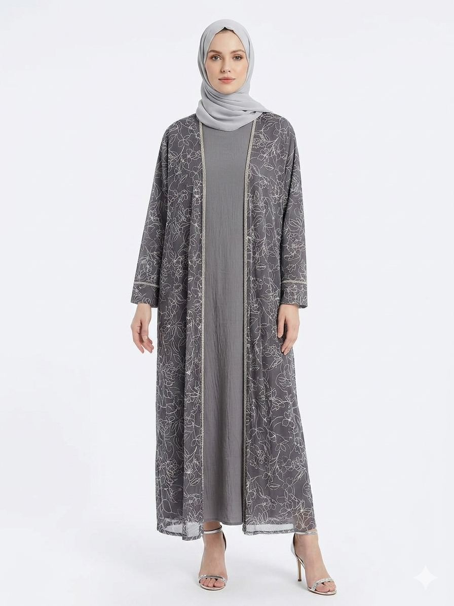 Rizqé Silver Grey Flora Sheer Kimono Elegant Abaya