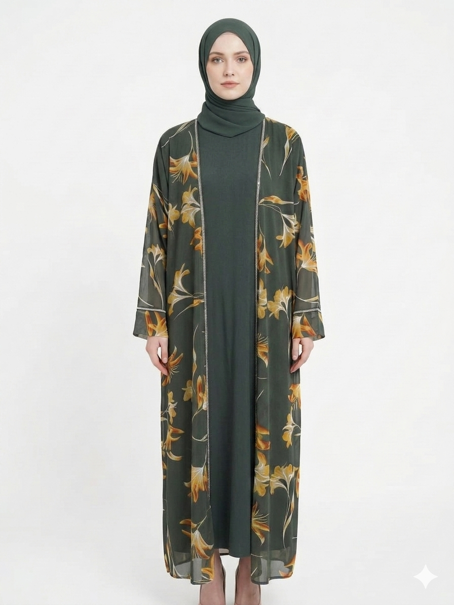Rizqé Sage Bloom Sheer Floral Kimono Abaya