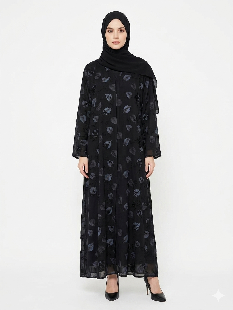 Rizqé Midnight Foliage Leaf Embroidered Abaya Set