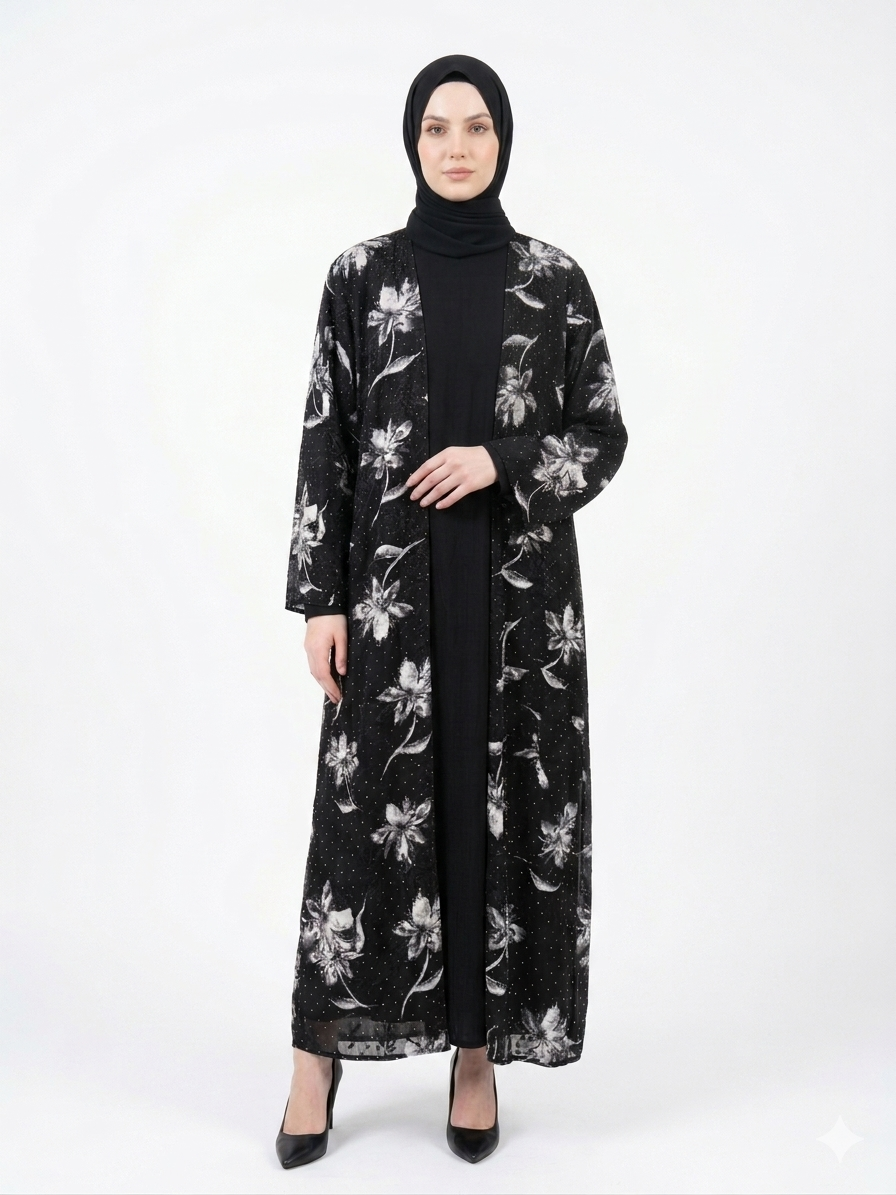 Rizqé Midnight Black and White Flora Sheer Kimono Abaya