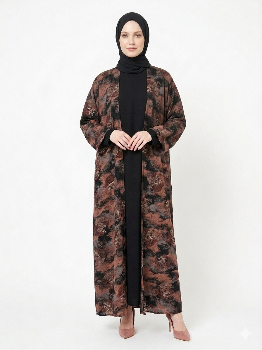 Rizqé Chocolate & Black Printed Elegant Nida Abaya